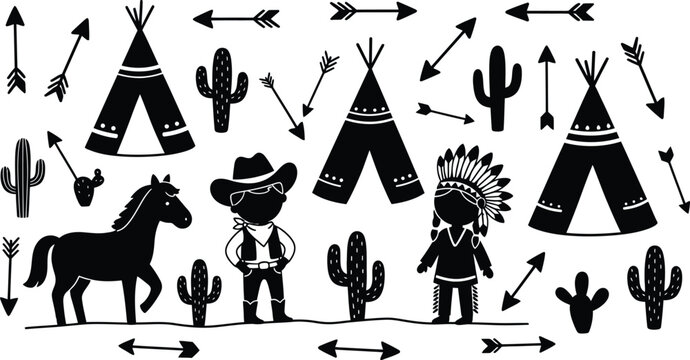 Black and white illustration of wild west and native american elements