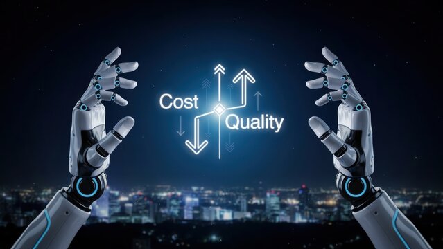 Robotic hands balancing the concept of cost and with glowing