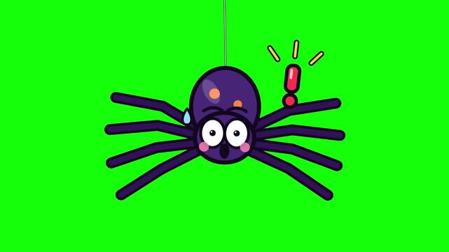 Cute cartoon spider lowering on a silk thread, getting startled and climbing back up animation on green screen background, funny Halloween character