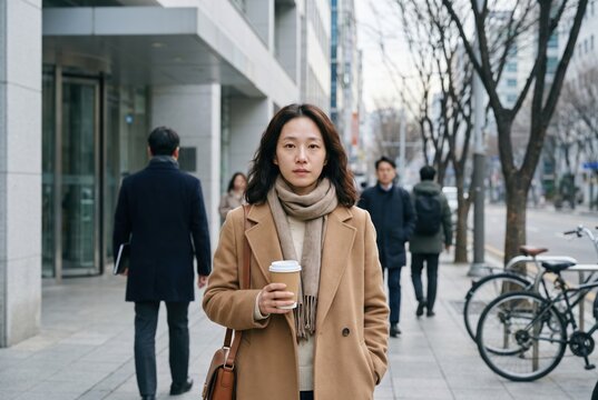 Generative AI, Professional Woman Holding Takeaway Coffee on a City Sidewalk