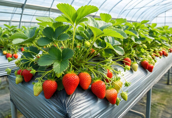 Fototapeta premium Sustainable agriculture and organic farming, fresh strawberries growing in a greenhouse for local food production and healthy nutrition supply chain