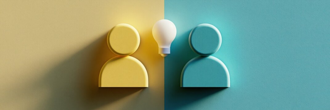 Two people represented by icons with lightbulb between them. Concept of communication, shared innovation, and teamwork