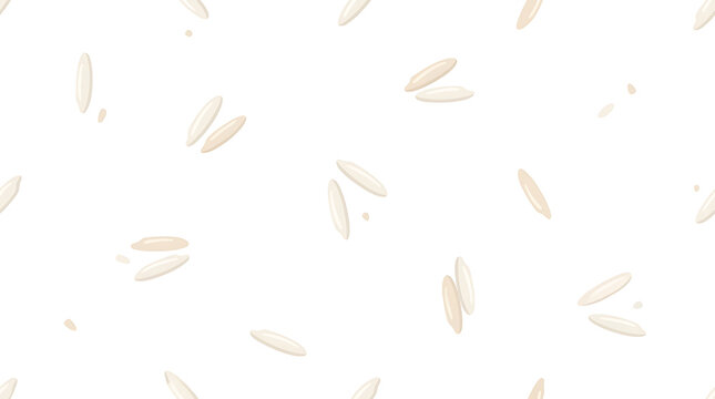 Seamless pattern with raw white rice grains scattered on a clean white background, food vector illustration
