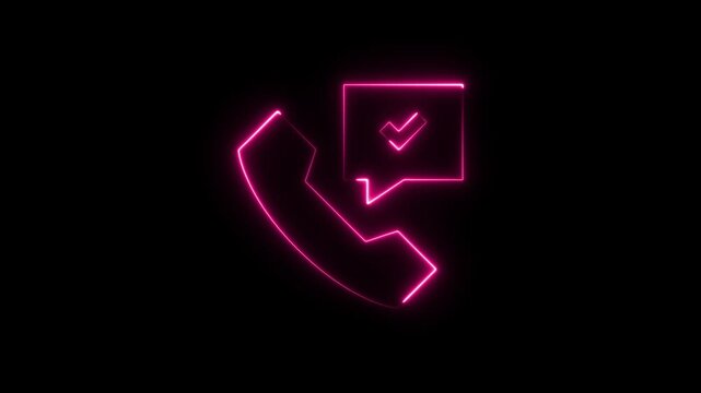 Glowing pink neon telephone handset icon with a confirmed message bubble on black background
