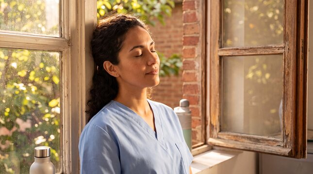 Nurse fresh air break hospital wellness recovery burnout prevention window shows a female nurse closing her eyes and breathing beside an open window for staff support and educational content