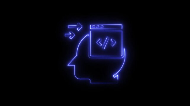 Neon blue icon of a human head with a coding window and arrows representing software development and learning process