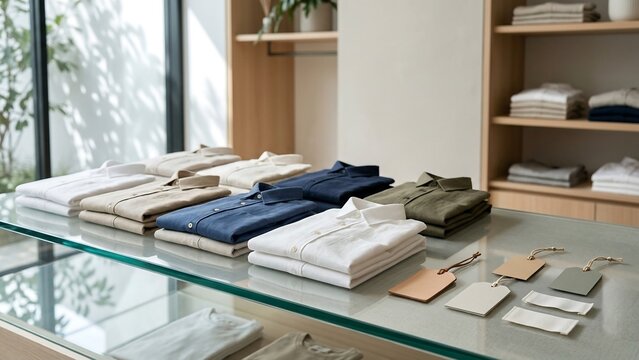 Collection of neatly folded linen button-down shirts in neutral and earthy tones displayed on a glass counter with blank price tags in a bright minimalist clothing boutique or retail showroom.