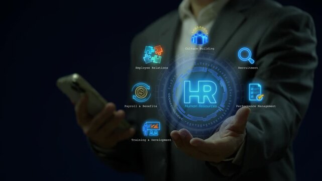 Businessman palm holding glowing human resources HR interface with recruitment and payroll icons. Corporate talent management, employee performance strategy, and staff development system concept.