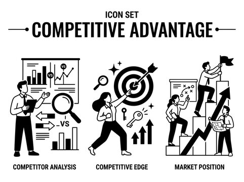 Competitive Advantage Vector Icon Set with Market Strategy Scenes