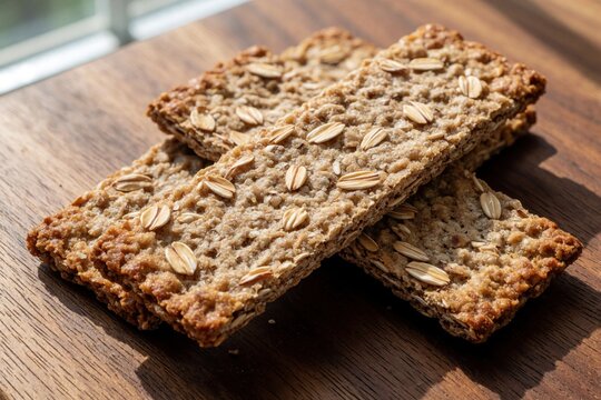 Crispy whole grain breadsticks lie on dark wooden board. Healthy oat crackers with seeds provide nutritious snack breakfast. Close up view of baked cereal biscuits showing texture, organic