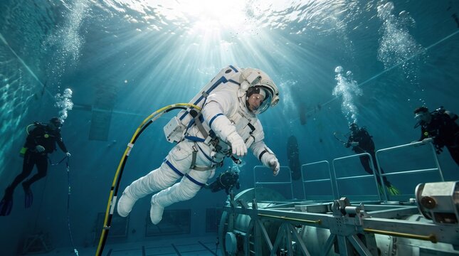 Astronaut in full space suit conducting neutral buoyancy spacewalk simulation training in deep pool