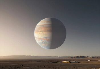 Fototapeta premium Space exploration and astronomy, giant planet Jupiter looming over a desolate desert landscape at twilight with a small remote building in the distance