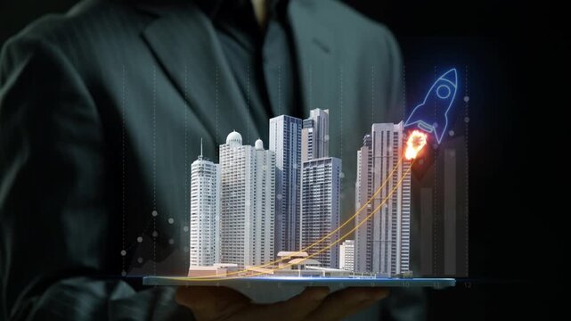 Businessman holding digital tablet displaying modern skyscraper buildings and launching rocket. Smart city architectural proptech innovation, real estate growth planning, and property idea concept.