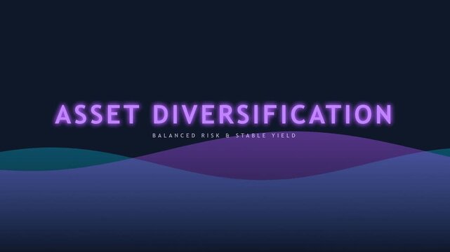 Asset diversification text animation with neon glow on dark waves