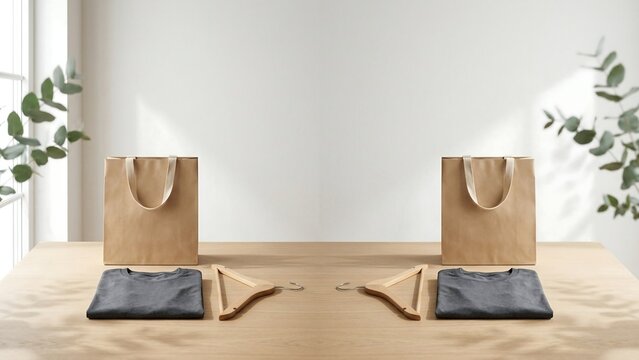 Minimalist Retail Apparel Presentation Featuring Folded Grey T-shirts, Brown Craft Paper Shopping Bags, and Wooden Hangers on a Wooden Table for E-commerce and Purchase Order Concepts