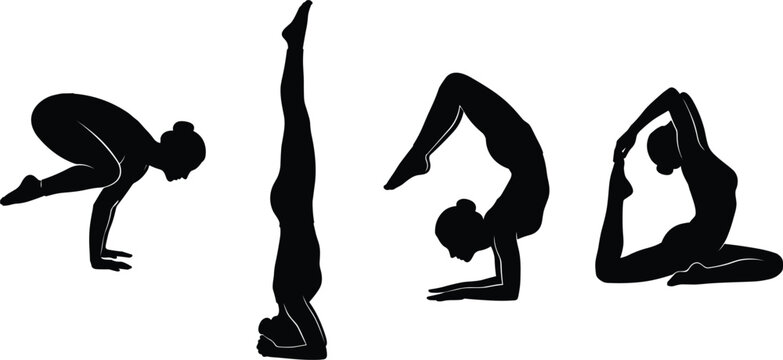 Advanced Yoga Postures Black Silhouette Vector Set Featuring Female Figures Performing Crow Pose, Headstand, Scorpion, and King Pigeon Asanas for Professional Fitness Studio Designs