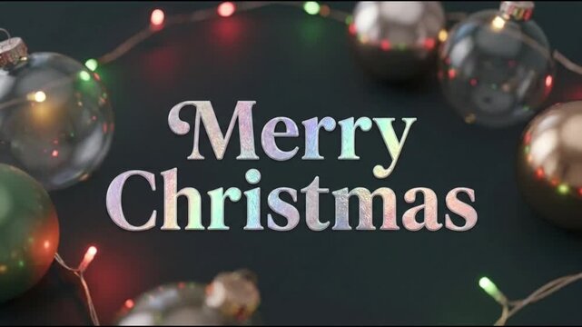 Merry Christmas Greeting Text with Festive Ornaments and Glowing Lights on Dark Background.