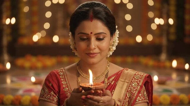 Indian woman holding a burning diya oil lamp during traditional festival