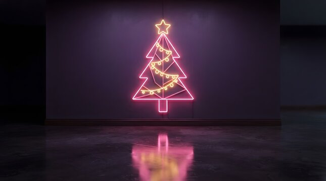 Neon christmas tree sign mounted on a dark wall with glowing yellow string lights and pink outline reflecting on a polished concrete floor