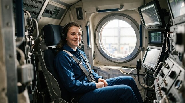 Smiling astronaut seated inside space flight simulator module during pre launch astronaut training