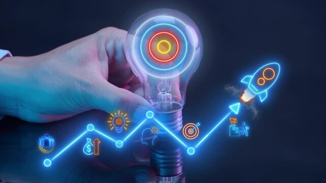 Hand holding lightbulb with target bullseye above milestone trendline and launching rocket. Strategic goal achievement planning, startup venture execution, and business accomplishment concept idea.