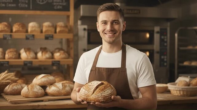 Smiling male baker holding fresh artisan sourdough loaf in his bakery
