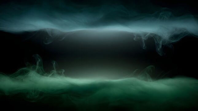 Mysterious dark fog background with swirling green and blue vapor framing empty center.
