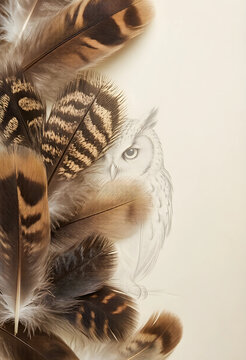 Nature conservation and wildlife art, detailed owl sketch partially hidden by soft brown bird feathers on a textured cream paper background