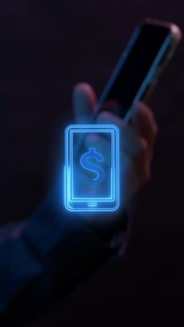Hand holding smartphone vertical shot displaying glowing dollar currency symbol with alert waves. Mobile banking payment notification, digital finance transaction, and money transfer concept idea.