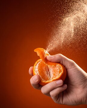 Hand Squeezing Mandarin Peel. Citrus oil mist on orange background