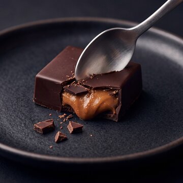 Chocolate Bar with Salted Caramel Filling. Spoon breaking dark bar