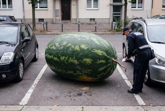 Giant Watermelon in Parking Space. Officer writing a parking ticket