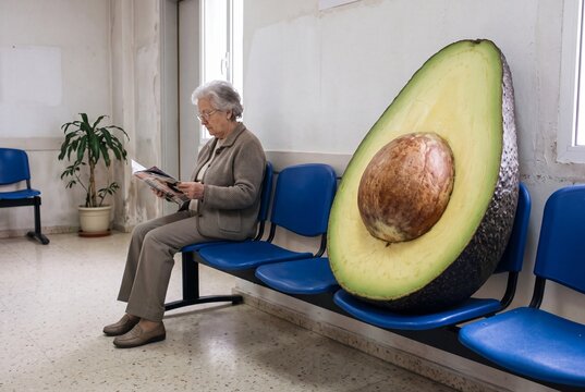 Giant Avocado in Waiting Room. Surreal patient waiting scene