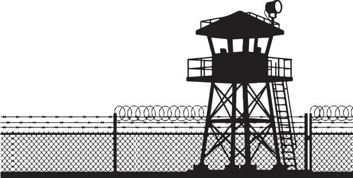 Black silhouette of a prison watchtower with a tall chain link fence topped with coiled barbed wire on a white background isolated