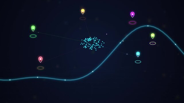 Glowing neon map pins connected to central data cluster with wavy blue line graph background