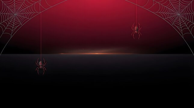 Realistic spiders hanging on thread with intricate cobwebs against dark red gradient backdrop.