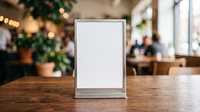 Table stand mockup positioned centrally on a polished wooden surface inside a lively restaurant environment featuring warm ambient lighting.