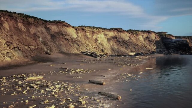 dramatic cliff panorama with rugged rocks and ebbing tide exposing coastal features, drone surveyor mapping shoreline geometry, deep shadows and warm highlights