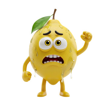 Funny cartoon lemon character sweating and looking stressed while showing a tiny fist in defiance