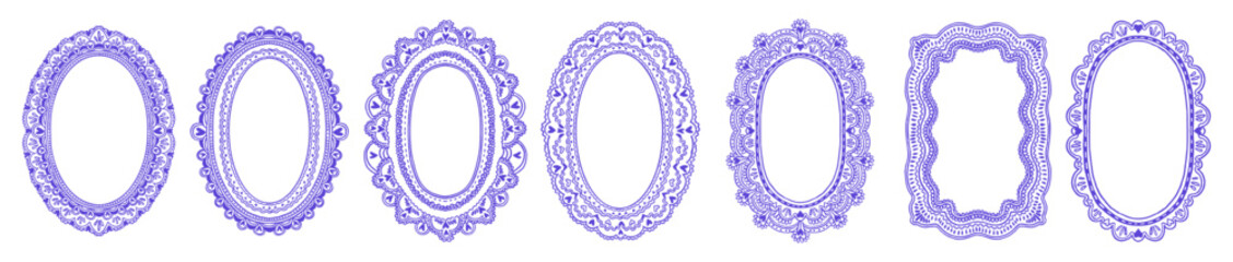 Fototapeta na wymiar Doodle lace frame set in whimsical embroidery style, oval doily shapes with hearts and ornate edges. Delicate vintage crochet for a romantic wedding card. Soft lace frame graphic element, isolated