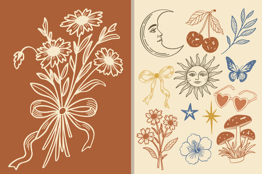 Boho Vintage Vector Elements Bundle with Celestial and Botanical Clipart