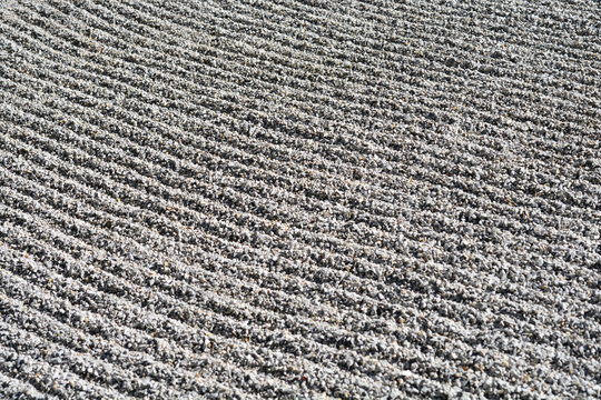 Full frame background texture of fine grey gravel raked into neat parallel wavy rows in a peaceful zen garden.