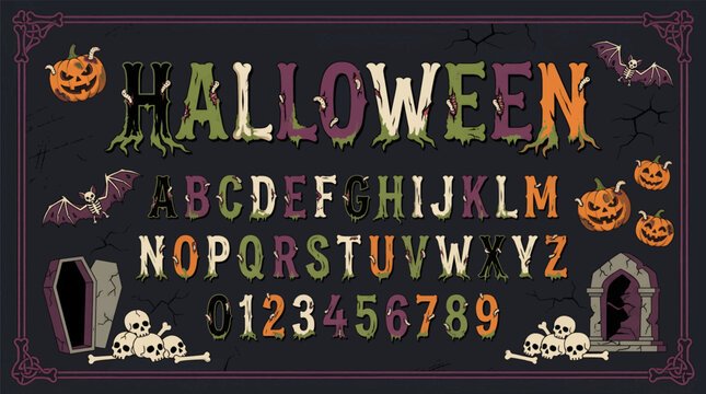 Colorful halloween themed alphabet and number font with spooky decorations with displays letters numbers graveyard
