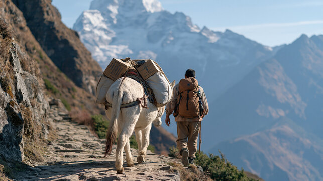 Mountainous terrain trail where pack mule carries essential supply boxes toward remote highland village, Nepali porter guiding animal along steep rocky path, isolated community