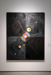 Fototapeta premium Astronomy and cosmology art, abstract painting of solar system and planetary orbits on display in modern art gallery with minimalist white wall background