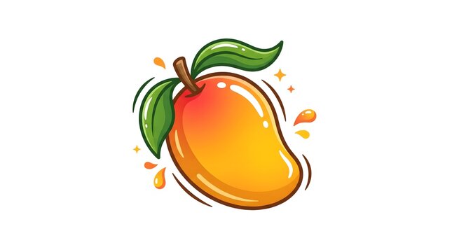 Cute cartoon vector illustration of a fresh ripe mango fruit with green leaves and juice splashes isolated on a white background