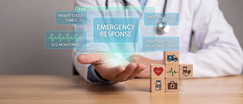 Doctor holding futuristic glowing emergency response interface with holographic data displays and wooden medical blocks on wooden table
