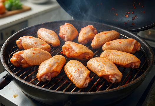 Barbecue and grilling food concept, raw chicken wings cooking on a hot charcoal grill with smoke in a home kitchen for summer party and dinner preparation