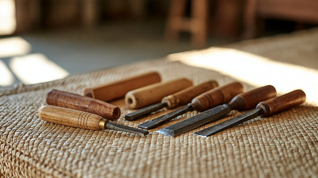 Maori woodcarver's personal collection of hand chisels and adzes laid on a woven flax mat beside an unfinished pendant, indigenous craftsmanship concept for traditional artisan