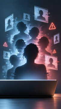 Digital identity risk threatens AI safety as anonymous profiles emerge from laptop screen, raising concern about privacy and online security
